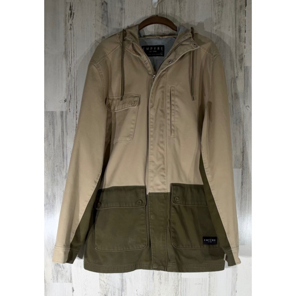Empyre Hooded Field Jacket Large Tan Olive Green Colorblock Utility Zip Up